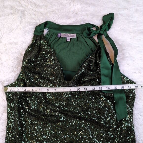 Jennifer Lopez Women L Sequin Cowl Neck Drape Top Shoulder Bow Tie Emerald Green - Picture 8 of 10
